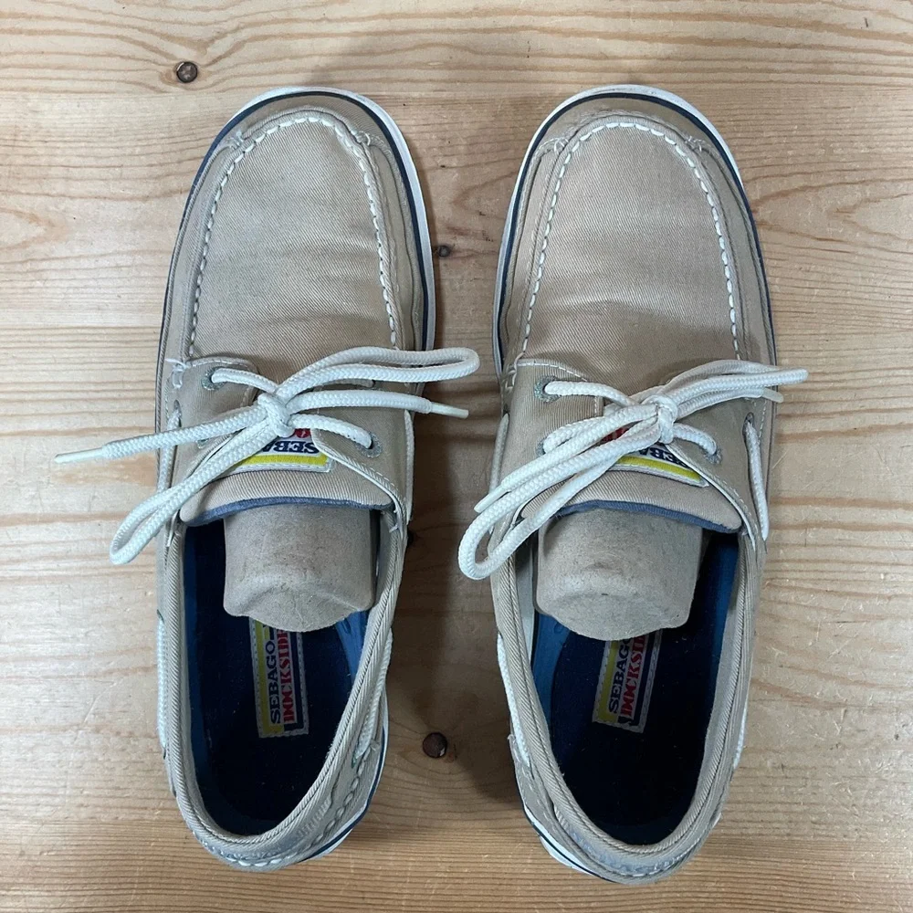 SEBAGO Docksides Canvas Boat Shoes Men’s 9.5 M Khaki/Tan Lace Up Non Slip Gum